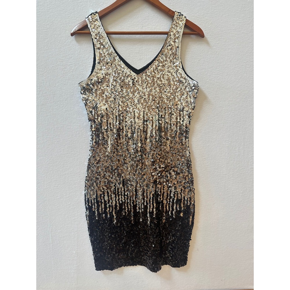 Maner Womens Ombre Sequin Mini Dress Gold Silver Black V-Neck Party Size M NWT
